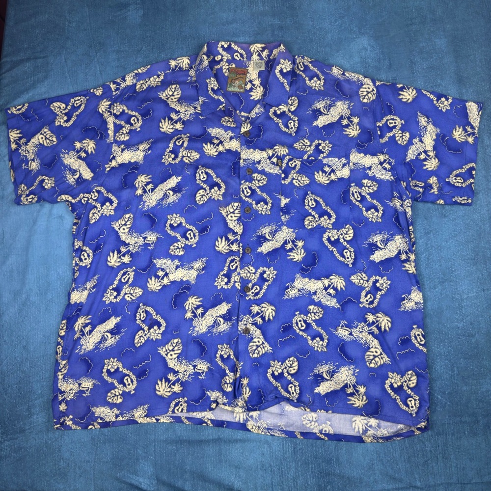 Pineapple Connection Mens 3XB Blue Rayon Hawaiian Shirt Tropical Island Print